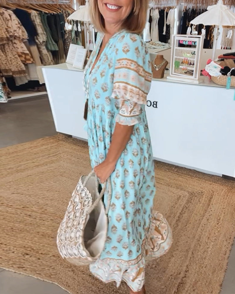 GIULIA | Élégante Robe Midi Imprimée avec Décolleté en V et Manches Bouffantes
