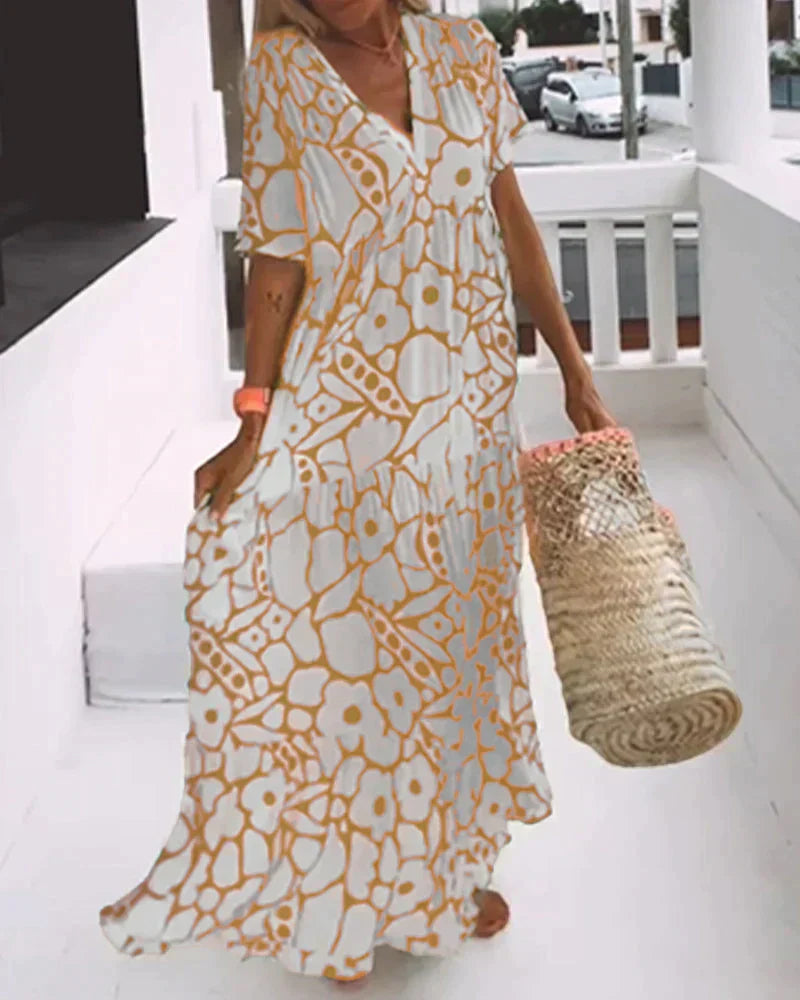 CHRISTINE | Robe d'Été Longue à Coupe Fluide et Motif Graphique Chic