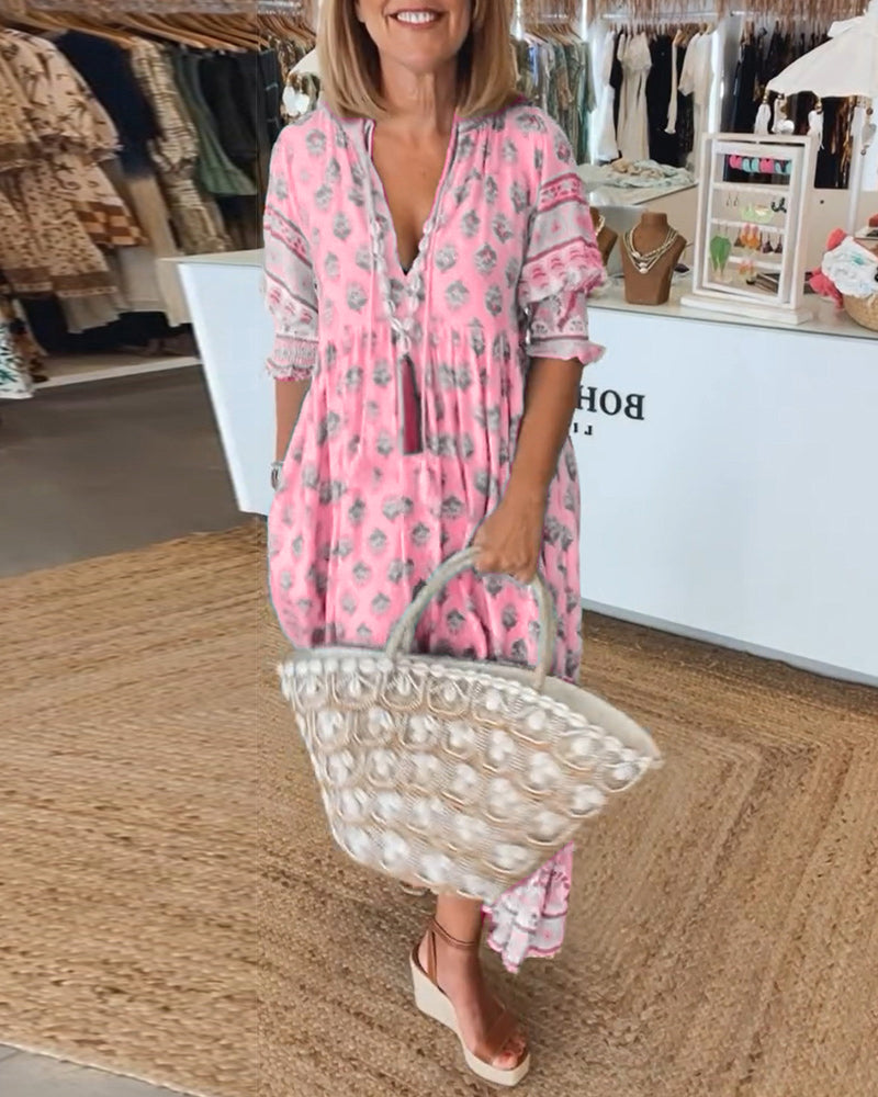 GIULIA | Élégante Robe Midi Imprimée avec Décolleté en V et Manches Bouffantes
