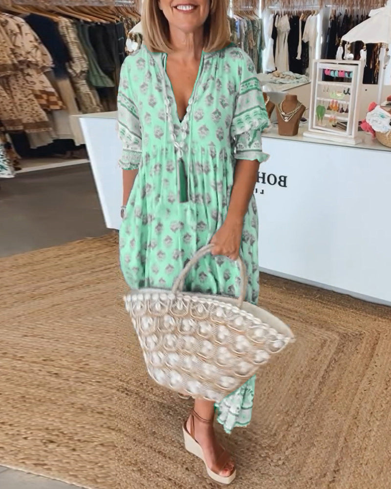 GIULIA | Élégante Robe Midi Imprimée avec Décolleté en V et Manches Bouffantes