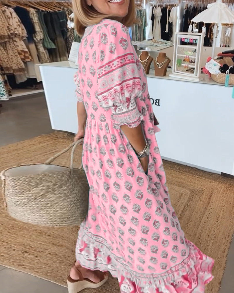 GIULIA | Élégante Robe Midi Imprimée avec Décolleté en V et Manches Bouffantes