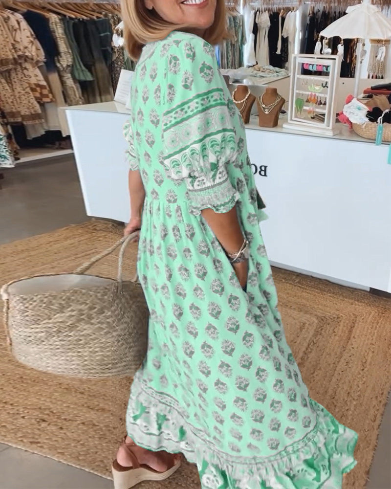 GIULIA | Élégante Robe Midi Imprimée avec Décolleté en V et Manches Bouffantes