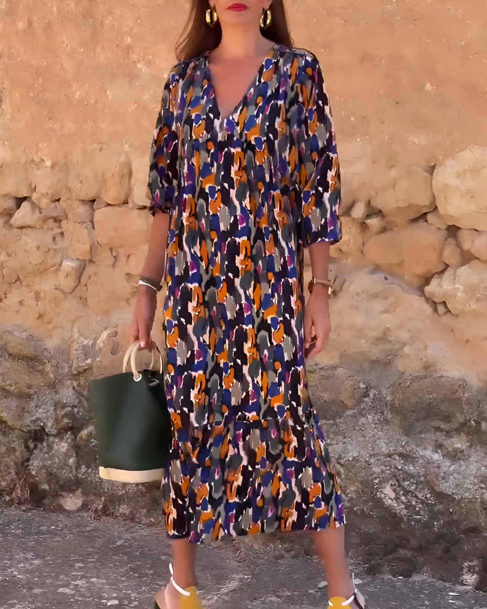 VIOLETTA | Robe Longue en V au Motif Rétro pour un Confort Élégant en Toute Occasion
