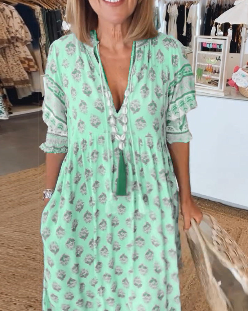 GIULIA | Élégante Robe Midi Imprimée avec Décolleté en V et Manches Bouffantes