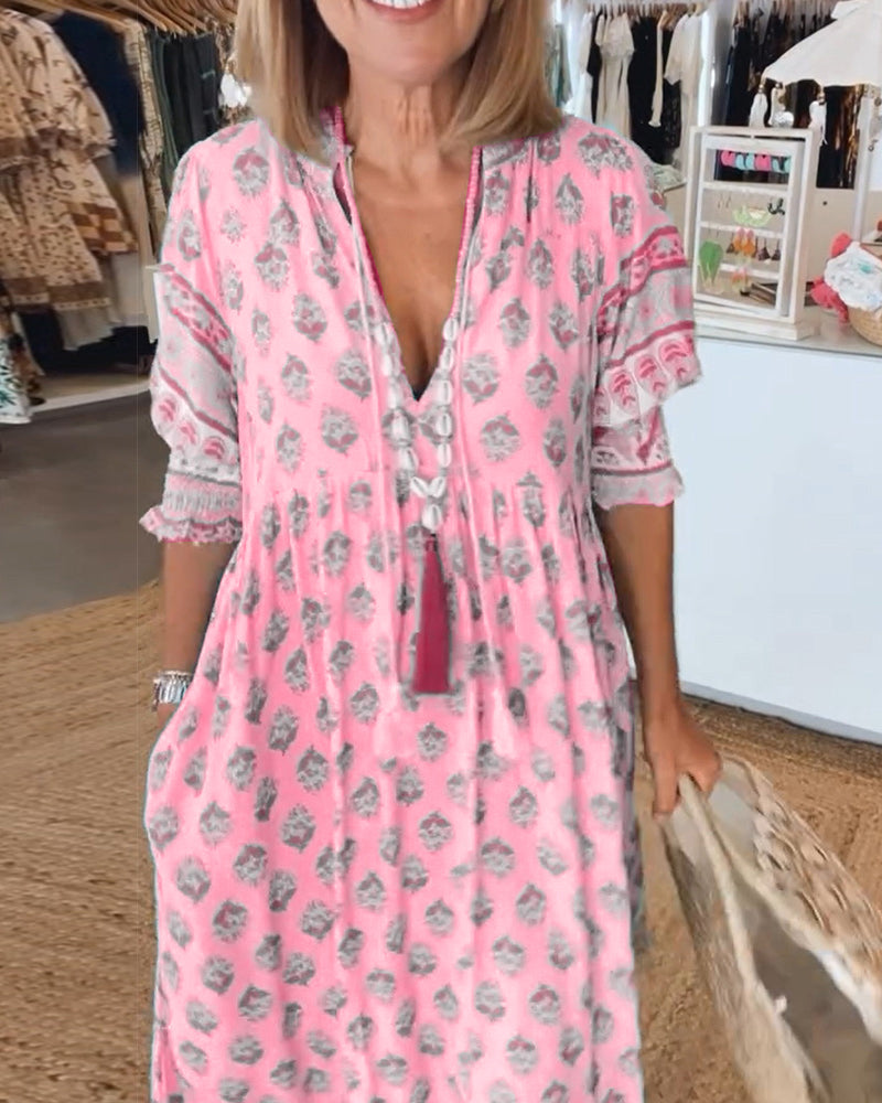 GIULIA | Élégante Robe Midi Imprimée avec Décolleté en V et Manches Bouffantes