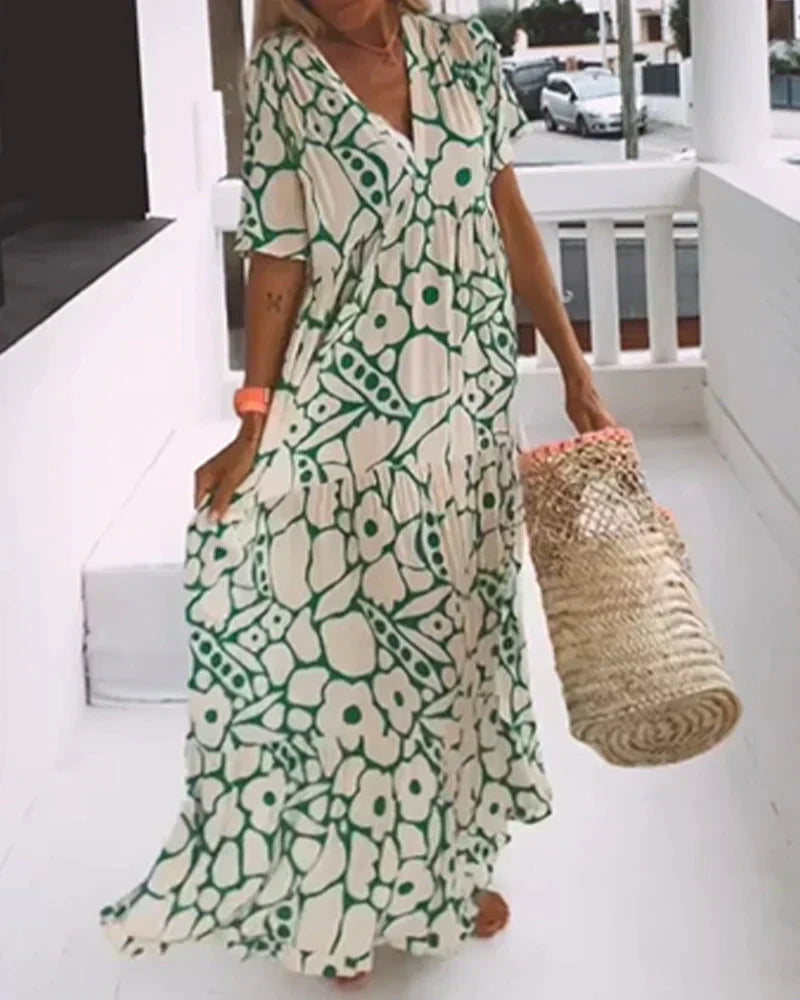 CHRISTINE | Robe d'Été Longue à Coupe Fluide et Motif Graphique Chic