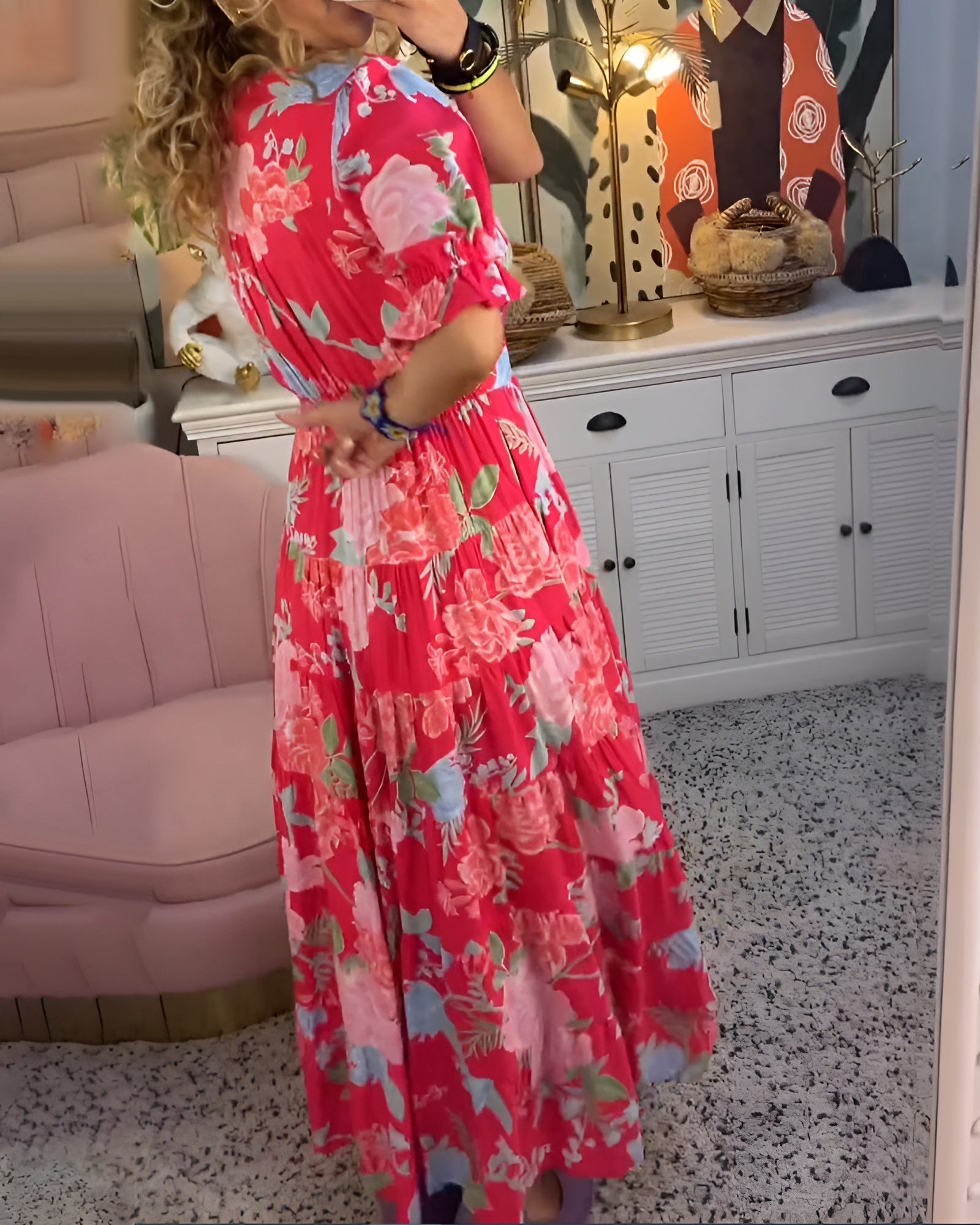CATERINA | Robe Longue Fleurie à Poches Discrètes et Silhouette Féminine pour le Jour
