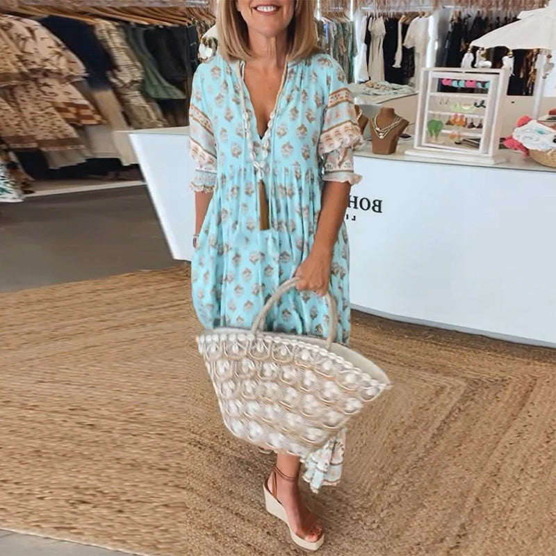 GIULIA | Élégante Robe Midi Imprimée avec Décolleté en V et Manches Bouffantes