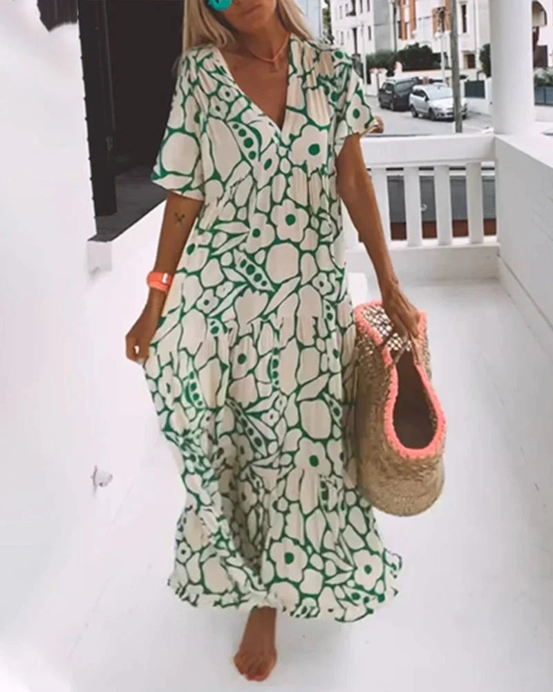 CHRISTINE | Robe d'Été Longue à Coupe Fluide et Motif Graphique Chic