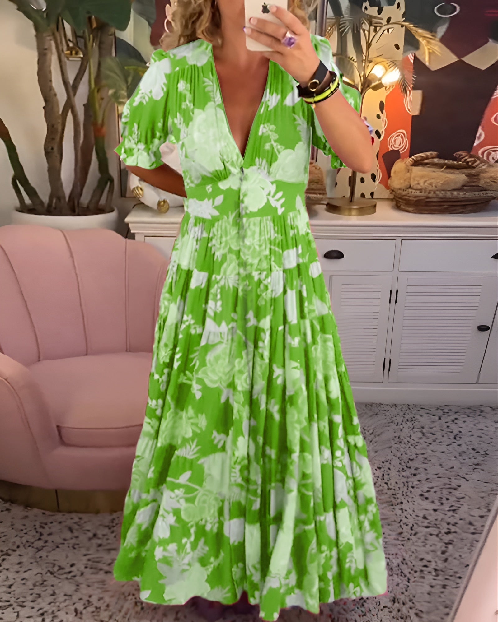 CATERINA | Robe Longue Fleurie à Poches Discrètes et Silhouette Féminine pour le Jour