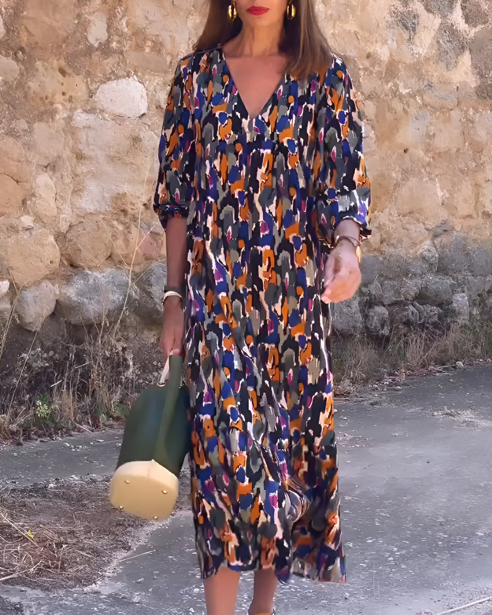 VIOLETTA | Robe Longue en V au Motif Rétro pour un Confort Élégant en Toute Occasion