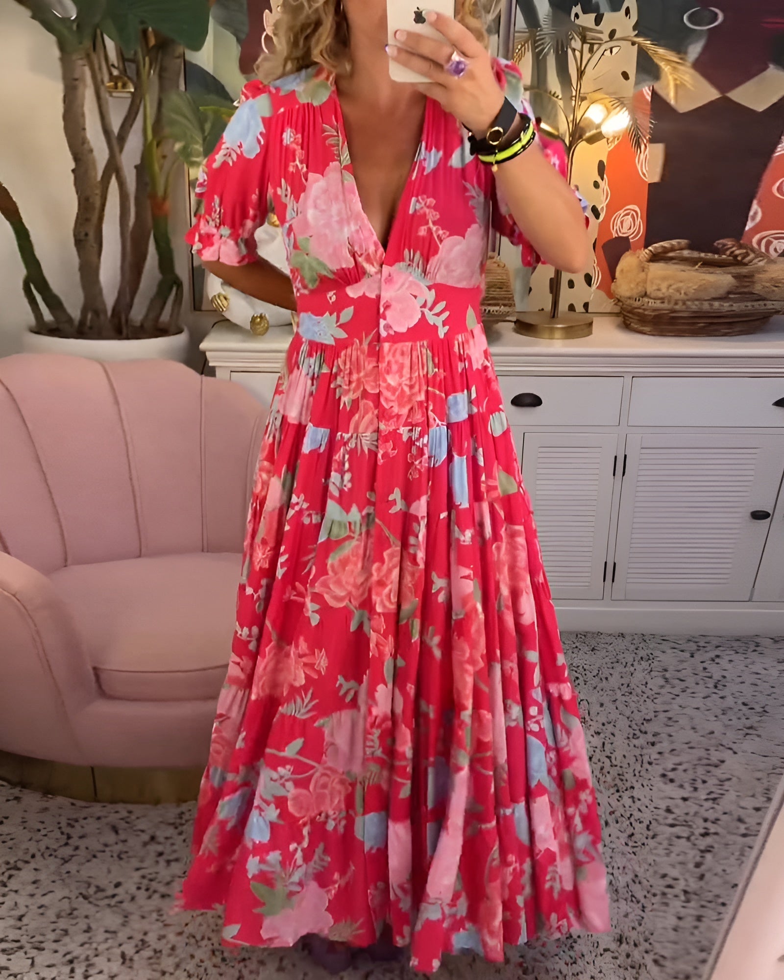 CATERINA | Robe Longue Fleurie à Poches Discrètes et Silhouette Féminine pour le Jour