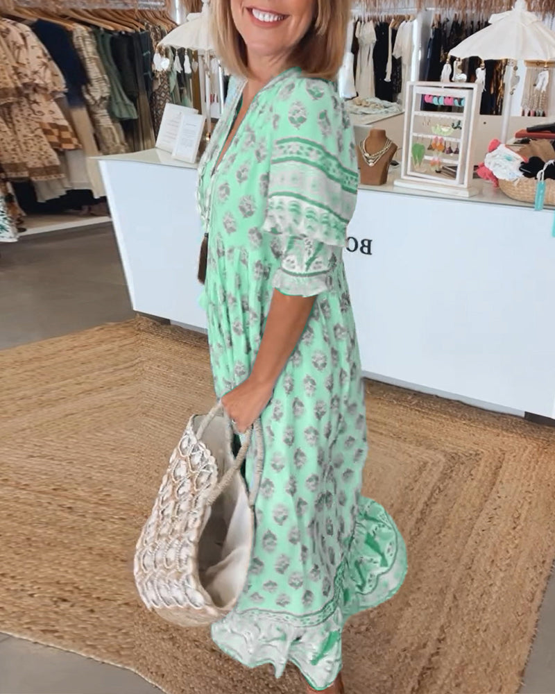 GIULIA | Élégante Robe Midi Imprimée avec Décolleté en V et Manches Bouffantes