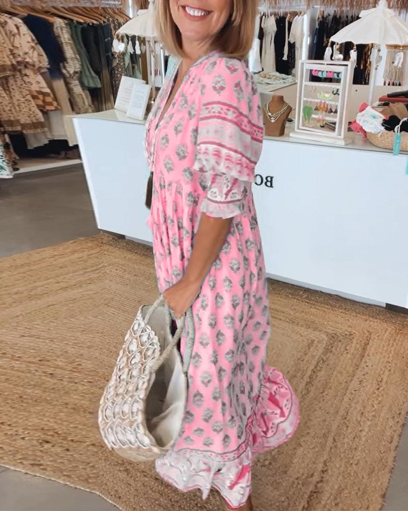 GIULIA | Élégante Robe Midi Imprimée avec Décolleté en V et Manches Bouffantes
