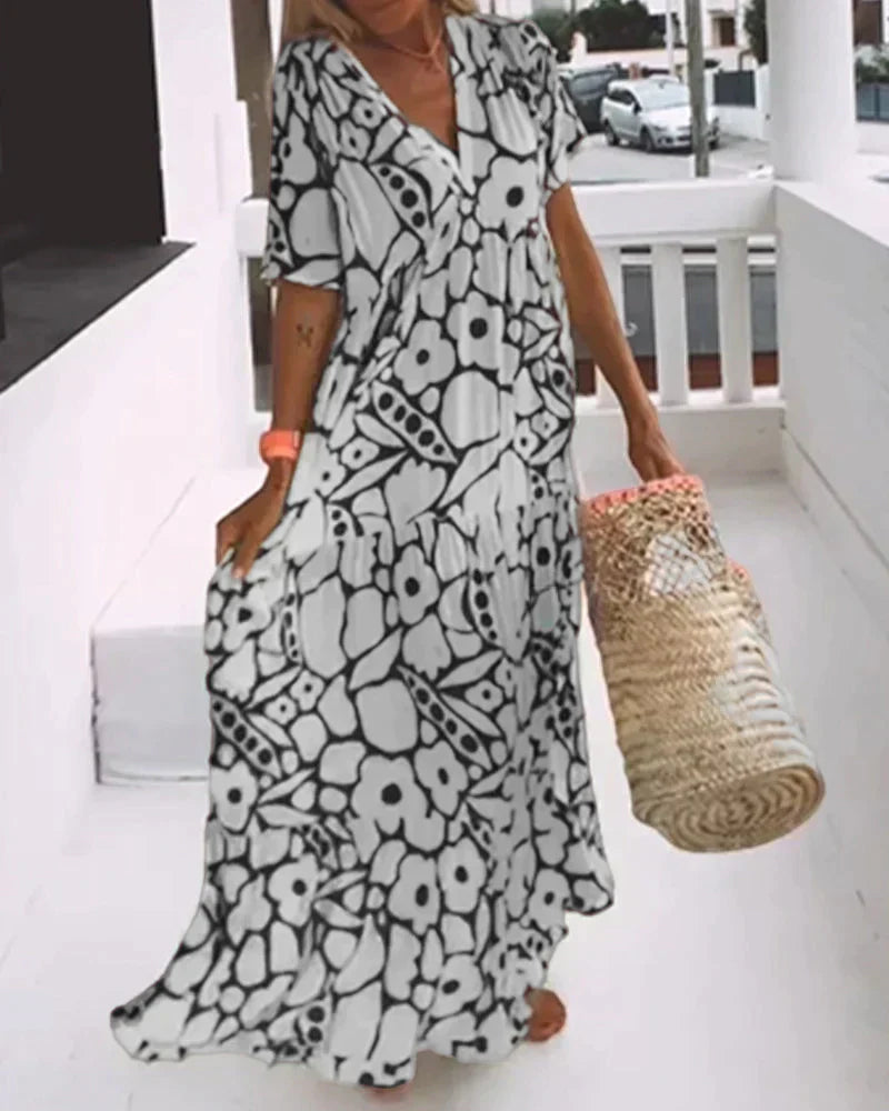 CHRISTINE | Robe d'Été Longue à Coupe Fluide et Motif Graphique Chic