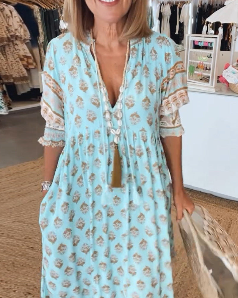 GIULIA | Élégante Robe Midi Imprimée avec Décolleté en V et Manches Bouffantes