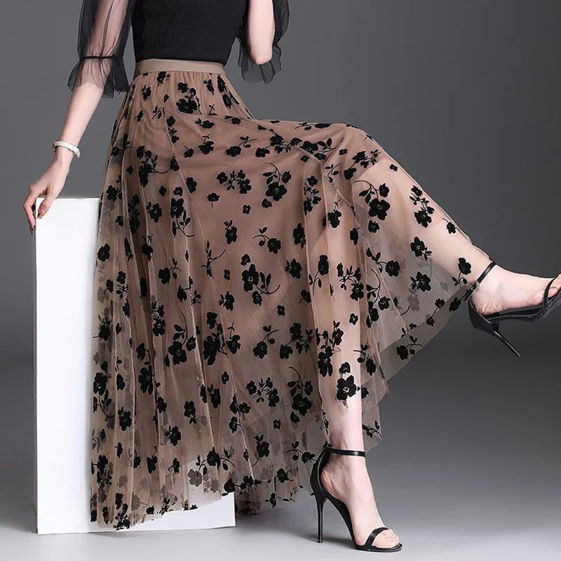 Odette | Jupe midi en tulle élégante avec des fleurs raffinées