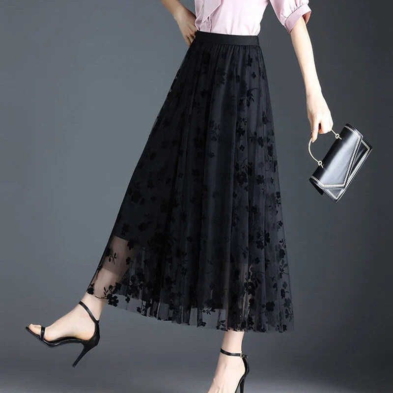 Odette | Jupe midi en tulle élégante avec des fleurs raffinées