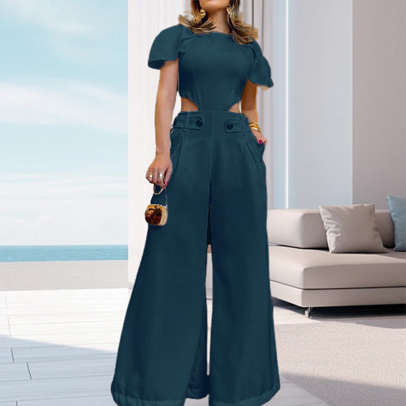 Costume pantalon à jambes larges et taille creuse pour femme, couleur unie