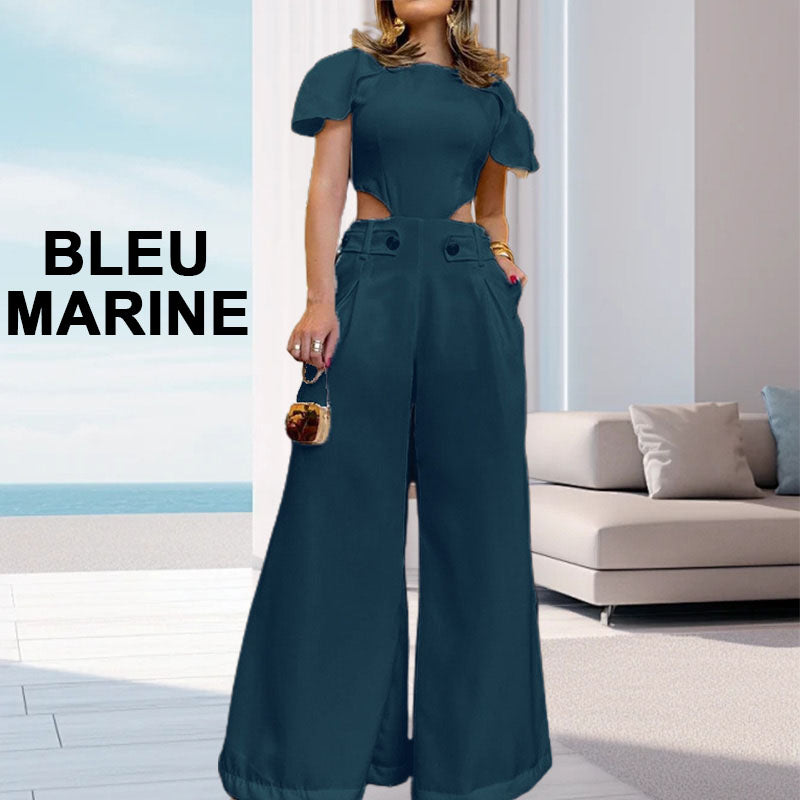 Costume pantalon à jambes larges et taille creuse pour femme, couleur unie
