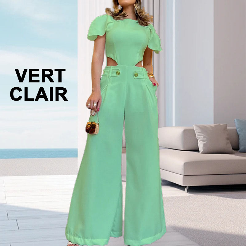 Costume pantalon à jambes larges et taille creuse pour femme, couleur unie