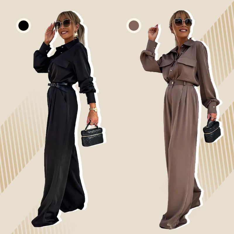 Ensemble 2 Pièces Décontracté pour Femmes : Chemise à Manches Longues et Pantalon Ample