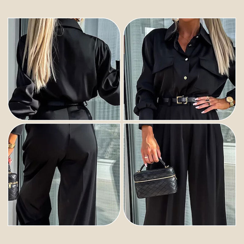 Ensemble 2 Pièces Décontracté pour Femmes : Chemise à Manches Longues et Pantalon Ample