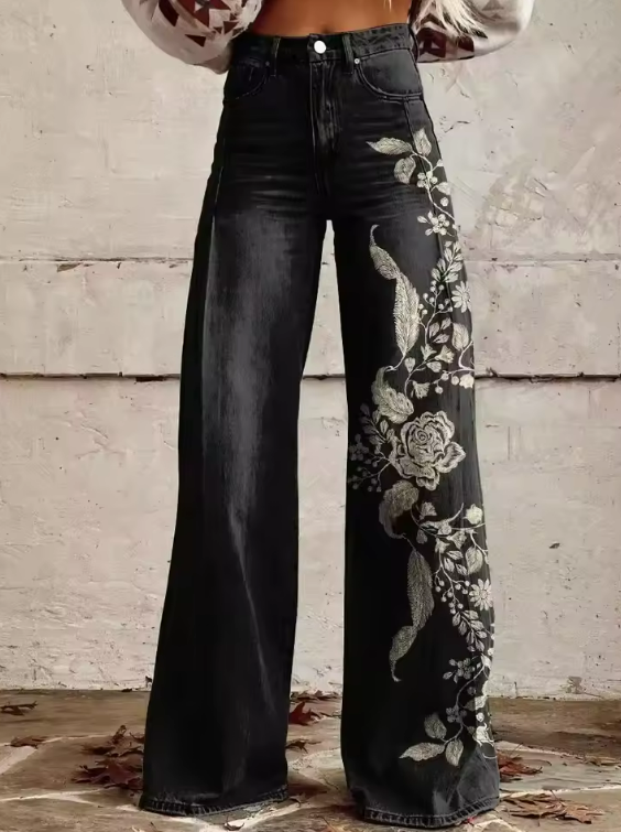 MARTINE | Chic Vintage Black Floral Trousers