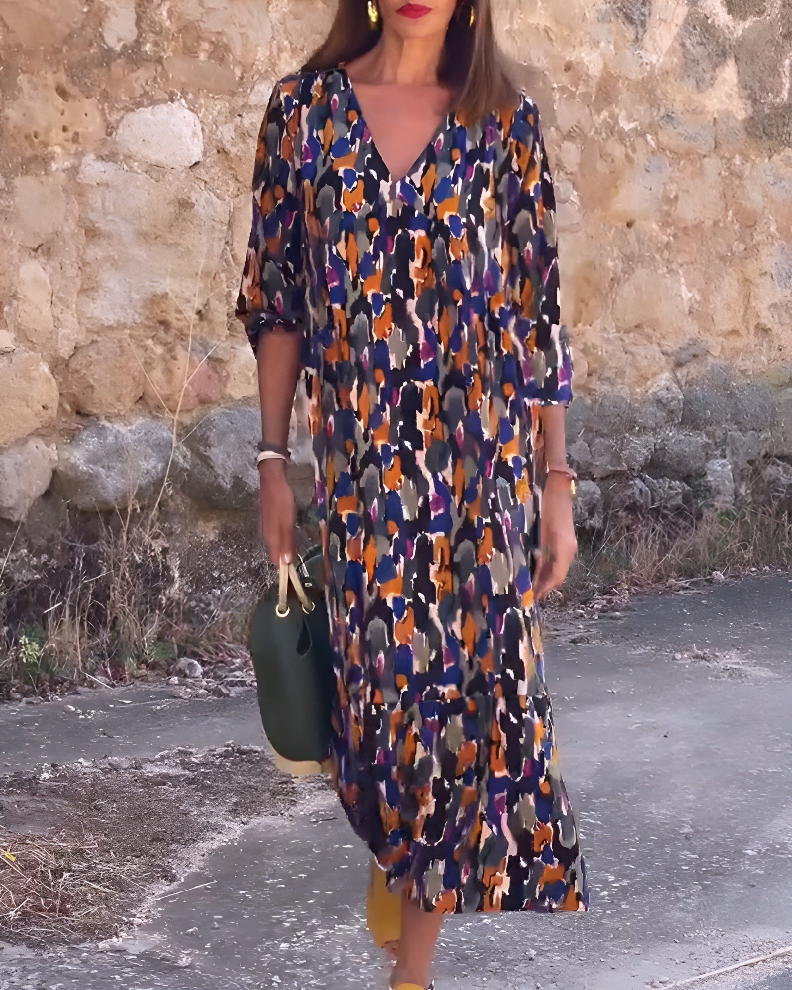 VIOLETTA | Robe Longue en V au Motif Rétro pour un Confort Élégant en Toute Occasion