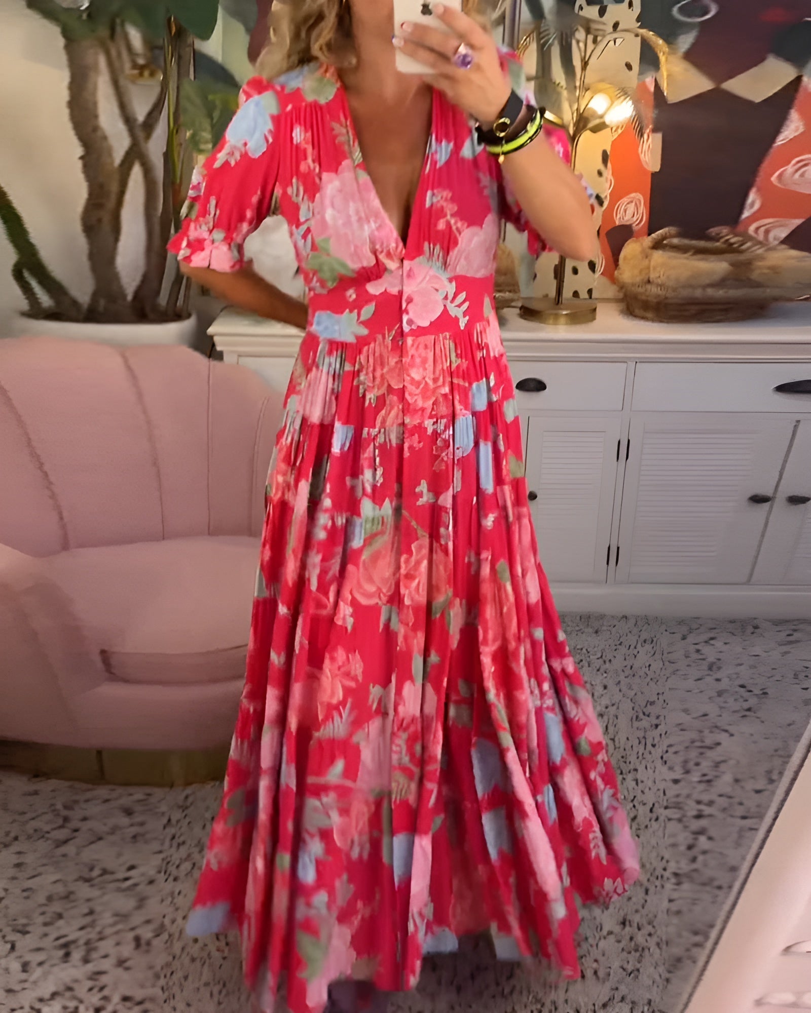 CATERINA | Robe Longue Fleurie à Poches Discrètes et Silhouette Féminine pour le Jour