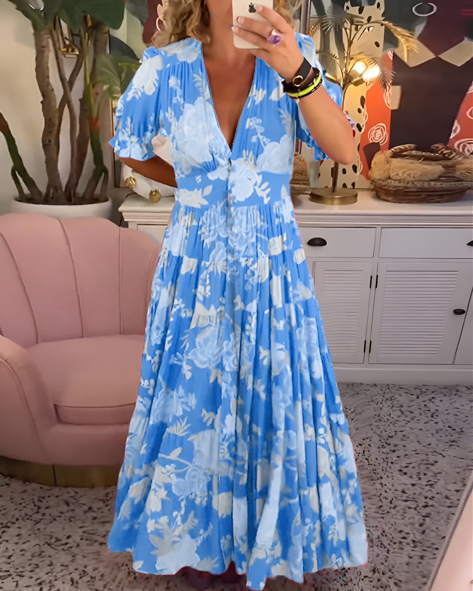 CATERINA | Robe Longue Fleurie à Poches Discrètes et Silhouette Féminine pour le Jour