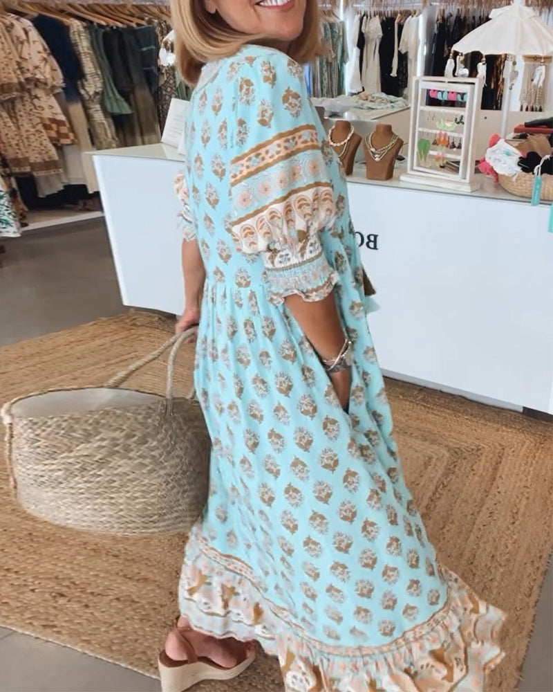 GIULIA | Élégante Robe Midi Imprimée avec Décolleté en V et Manches Bouffantes
