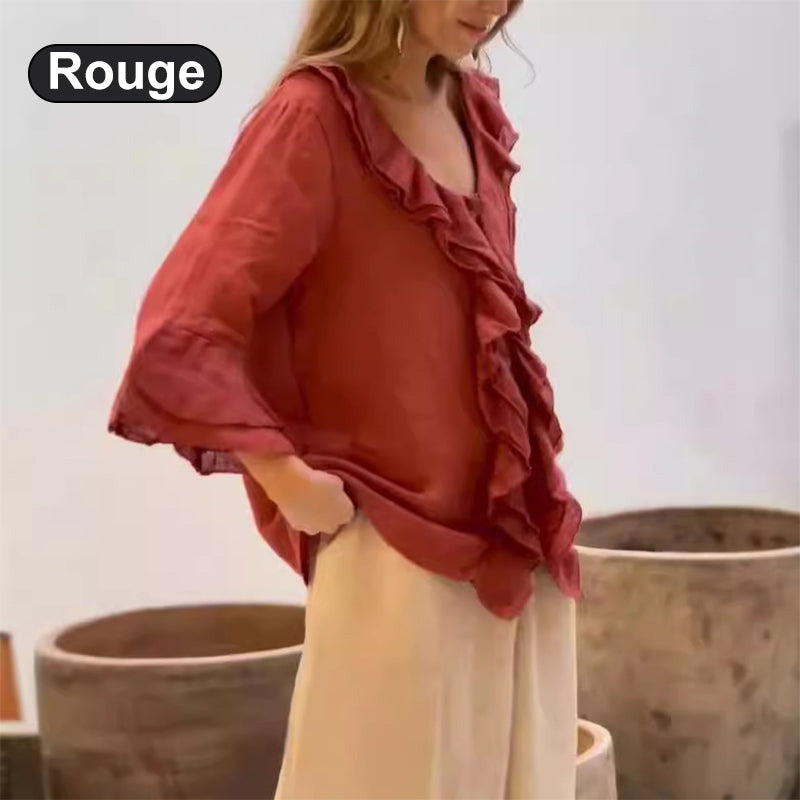 Haut décontracté élégant à volants pour femmes, col en v