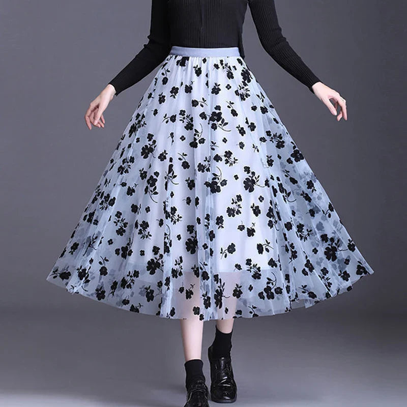 Odette | Jupe midi en tulle élégante avec des fleurs raffinées