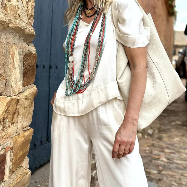 Ensemble deux pièces haut manches courtes col V + pantalon large