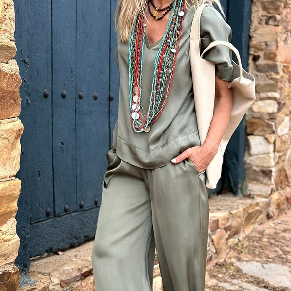 Ensemble deux pièces haut manches courtes col V + pantalon large
