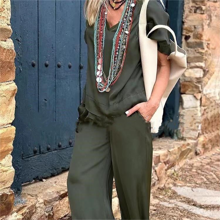 Ensemble deux pièces haut manches courtes col V + pantalon large