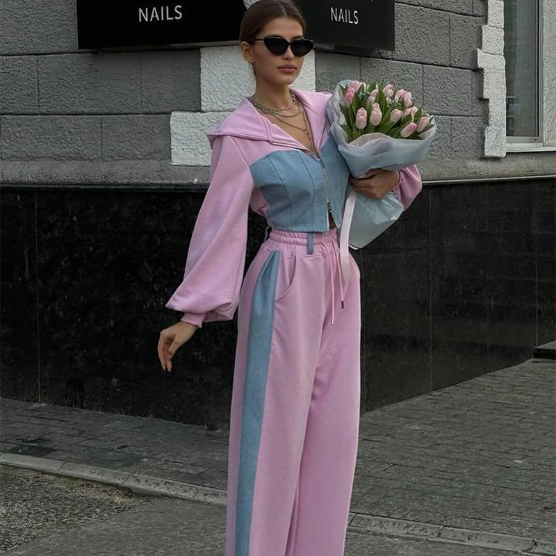 Ensemble 2 pièces haut patchwork tendance et pantalon ample