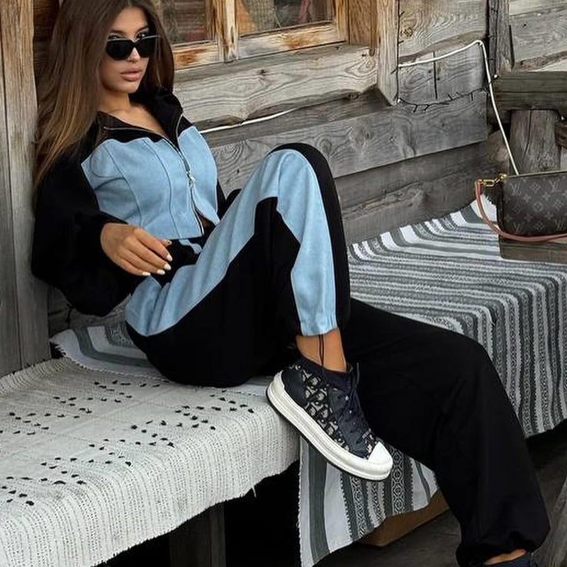 Ensemble 2 pièces haut patchwork tendance et pantalon ample