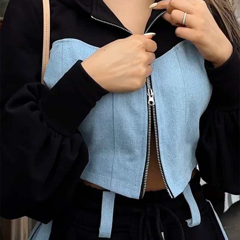 Ensemble 2 pièces haut patchwork tendance et pantalon ample