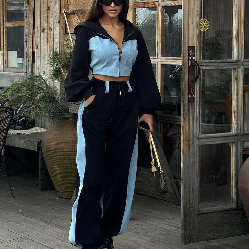 Ensemble 2 pièces haut patchwork tendance et pantalon ample